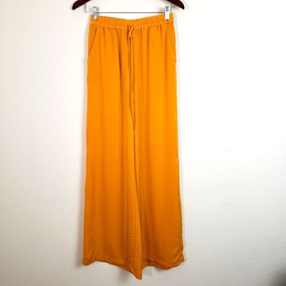 Forever 21 Women's Satin Wide Leg Pants Small Gold Pull On Flowy Lightweight - Picture 1 of 10